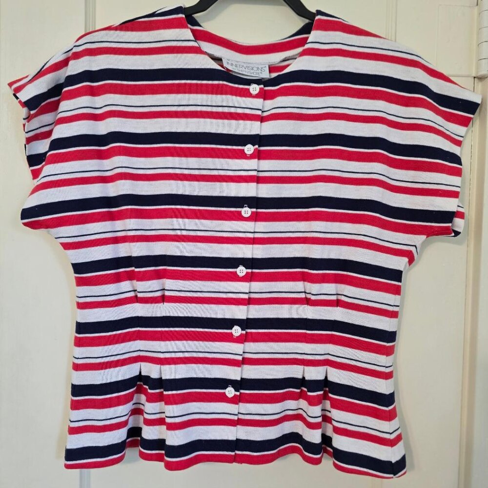 Innervisions 6 Vintage Nautical Red Black White Button Down Crew Neck Capped Top